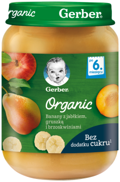 GERBER Organic deserek banany z jabłkiem gruszką i brzoskwiniami dla niemowląt po 6. miesiącu, 190 g