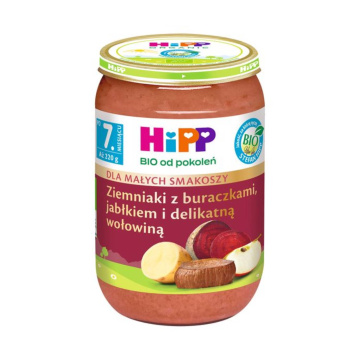HIPP BIO - ziemniaki z buraczkami, jabłkiem i delikatną wołowiną, po 7 miesiącu, 220 g