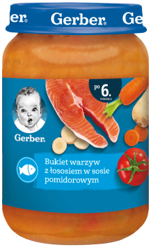 GERBER obiadek bukiet warzyw z łososiem w sosie pomidorowym dla niemowląt po 6. miesiącu, 190 g