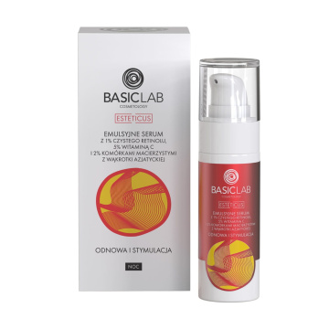 BASICLAB - Emulsyjne serum z 1% czystego retinolu, 5% witaminą C i 2% komórkami macierzystymi z wąkrotki azjatyckiej, odnowa i stymulacja, 30 ml