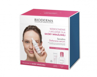 Bioderma Sensibio promocyjny zestaw, płyn micelarny do oczyszczania twarzy i zmywania makijażu 100 ml + łagodzące serum nawilżające 30 ml + krem kojący 40 ml