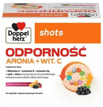 Doppelherz Shots, Odporność, Aronia + witamina C, smak wieloowocowy, 20 ampułek po 25 ml
