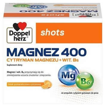Doppelherz Shots, Magnez 400, smak pomarańczowo-cytrynowy, 20 ampułek po 25 ml