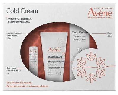 Avene Cold Cream, krem do skóry wrażliwej i bardzo suchej 40ml, skoncentrowany krem do rąk 50 ml, odżywcza pomadka do suchych ust 4 g
