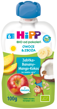 HiPP BIO - ekologiczny mus owocowo-zbożowy po 6. miesiącu jabłka-banany-mango-kokos, 100 g