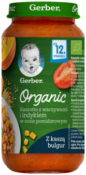 GERBER Organic obiadek kaszotto z warzywami i indykiem w sosie pomidorowym dla dzieci po 12. miesiącu, 250 g