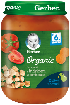 GERBER Organic obiadek jarzynki z indykiem w pomidorach dla niemowląt po 6. miesiącu, 190 g
