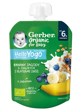 Gerber Organic - deserek, mus banany, jagody z jogurtem i płatkami zbóż po 6. miesiącu życia, 80g