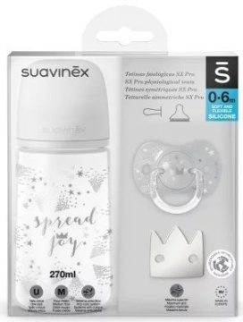 Suavinex, Spread Joy, butelka, 270ml + smoczek uspokajający, silikonowy 0-6 miesięcy + łańcuszek do smoczka, szara korona