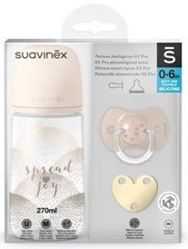 Suavinex, Spread Joy, butelka, 270ml + smoczek uspokajający, silikonowy 0-6 miesięcy + łańcuszek do smoczka, beżowe serce