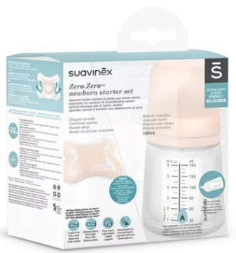 Suavinex, Zero Zero, Zestaw Startowy, butelka, 180ml, regulowany przepływ+ smoczek uspokajający, silikonowy, -2-2 miesiące, 1 zestaw