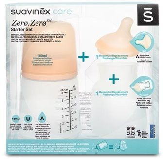 Suavinex, Zero Zero, Zestaw Startowy, butelka, 180ml + smoczek na butelkę, regulowany przepływ + silikonowa torebka, od urodzenia, 1 zestaw