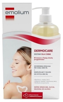 Emolium Dermocare zestaw promocyjny dla Ciebie, ochronna emulsja do ciała 400 ml + nawilżający olejek do mycia 400 ml
