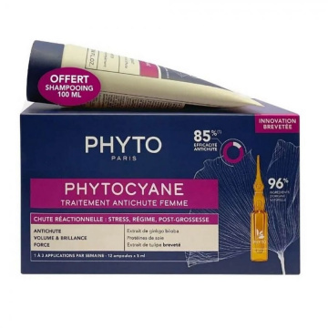 Phyto Phytocyane Reactionnelle, zestaw, ampułki przeciw wypadaniu włosów 12 x 5 ml, szampon dla kobiet 100 ml