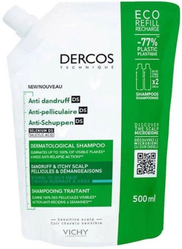 Vichy Dercos Anti Dandruff DS, szampon przeciwłupieżowy, włosy normalne i przetłuszczające się, eco-refill, 500 ml