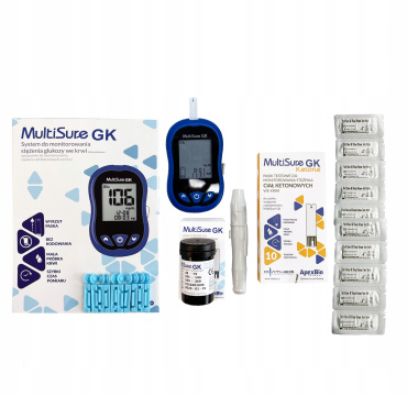 MultisureGK Zestaw do pomiaru stężenia ciał ketonowych i glukozy / aparat + paski ketonowe 10szt+ paski do glukozy 50szt
