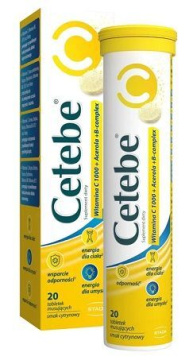 Cetebe, Witamina C 1000 + acerola + B-complex, smak cytrynowy, 20 tabletek musujących