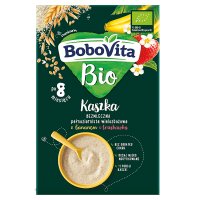 BoboVita Bio kaszka bezmleczna pełnoziarnista, wielozbożowa z bananem i truskawką, po 8 miesiącu życia, 200g