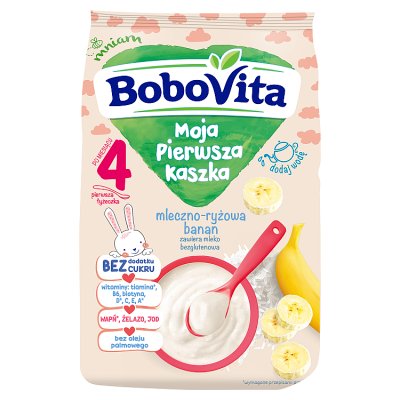 BoboVita Moja Pierwsza Kaszka  mleczno-ryżowa bananowa, bez cukru, po 4 miesiącu życia, 230g