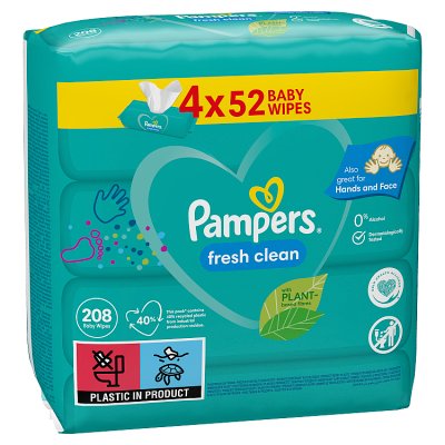 Pampers Fresh Clean, chusteczki nawilżane dla niemowląt, 4 opakowania po 52 sztuki