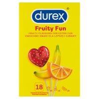 Durex, zestaw prezerwatyw Fruity Fun, smak truskawka, banan i pomarańcza, 18 sztuk