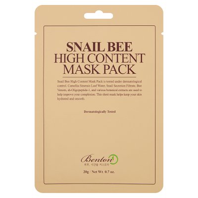 BENTON SNAIL BEE HIGH CONTENT MASK PACK BAWEŁNIANA MASECZKA ZE ŚLUZEM ŚLIMAKA I JADEM PSZCZELIM 20g