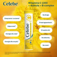 Cetebe, Witamina C 1000 + acerola + B-complex, smak cytrynowy, 20 tabletek musujących