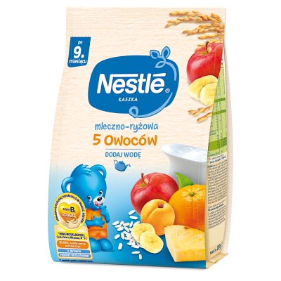 Nestle, kaszka mleczno-ryżowa, 5 owoców, po 9 miesiącu, 230g