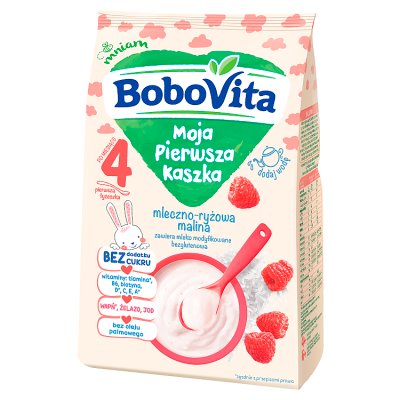 BoboVita Moja Pierwsza Kaszka mleczno-ryżowa malinowa, bez cukru, po 4 miesiącu życia, 230g