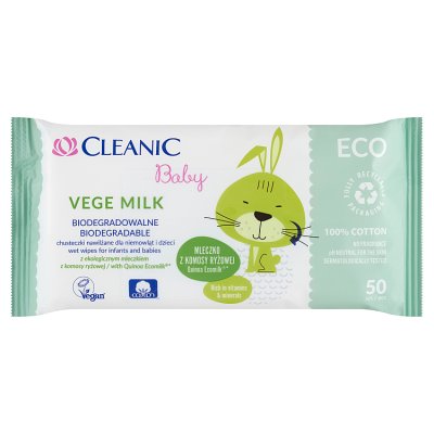 Cleanic Baby Eco Chusteczki nawilżane dla niemowląt i dzieci Vege Milk - biodegradowalne  1op.-50szt