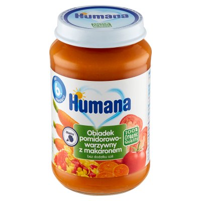 Humana 100% Organic, obiadek pomidorowo-warzywny z makaronem, po 6 miesiącu życia, 190g